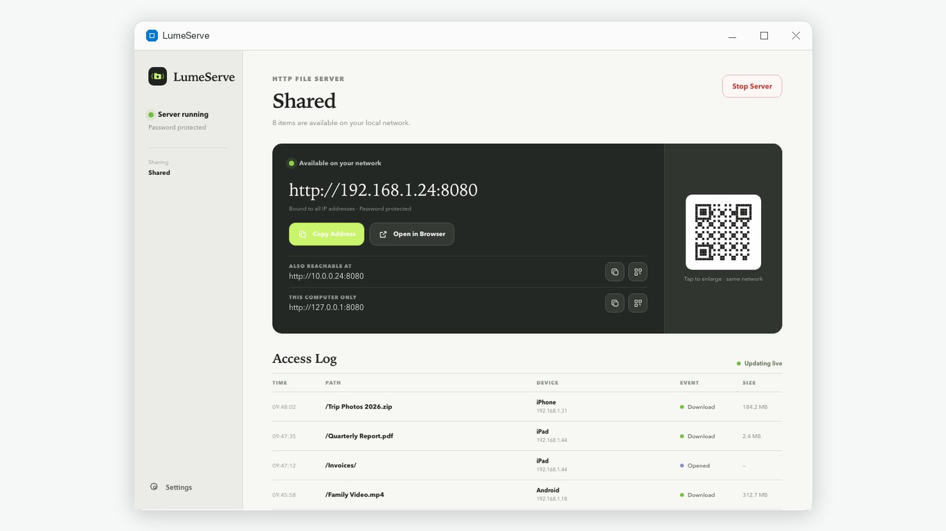 LumeServe: Local HTTP File Server